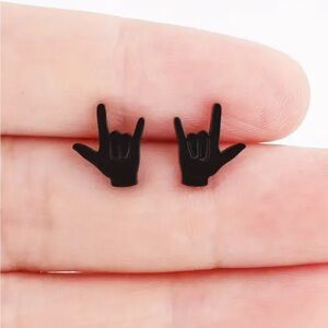 2 Pairs Stud Earrings Hand Sign I Love You Gold Black Stainless Steel Post Gift